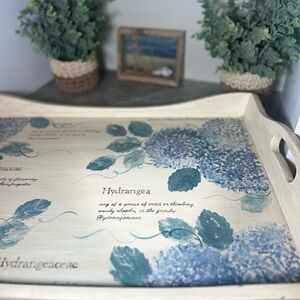 Hand painted solid wood tray hydrangea flowers on an antiqued cream background